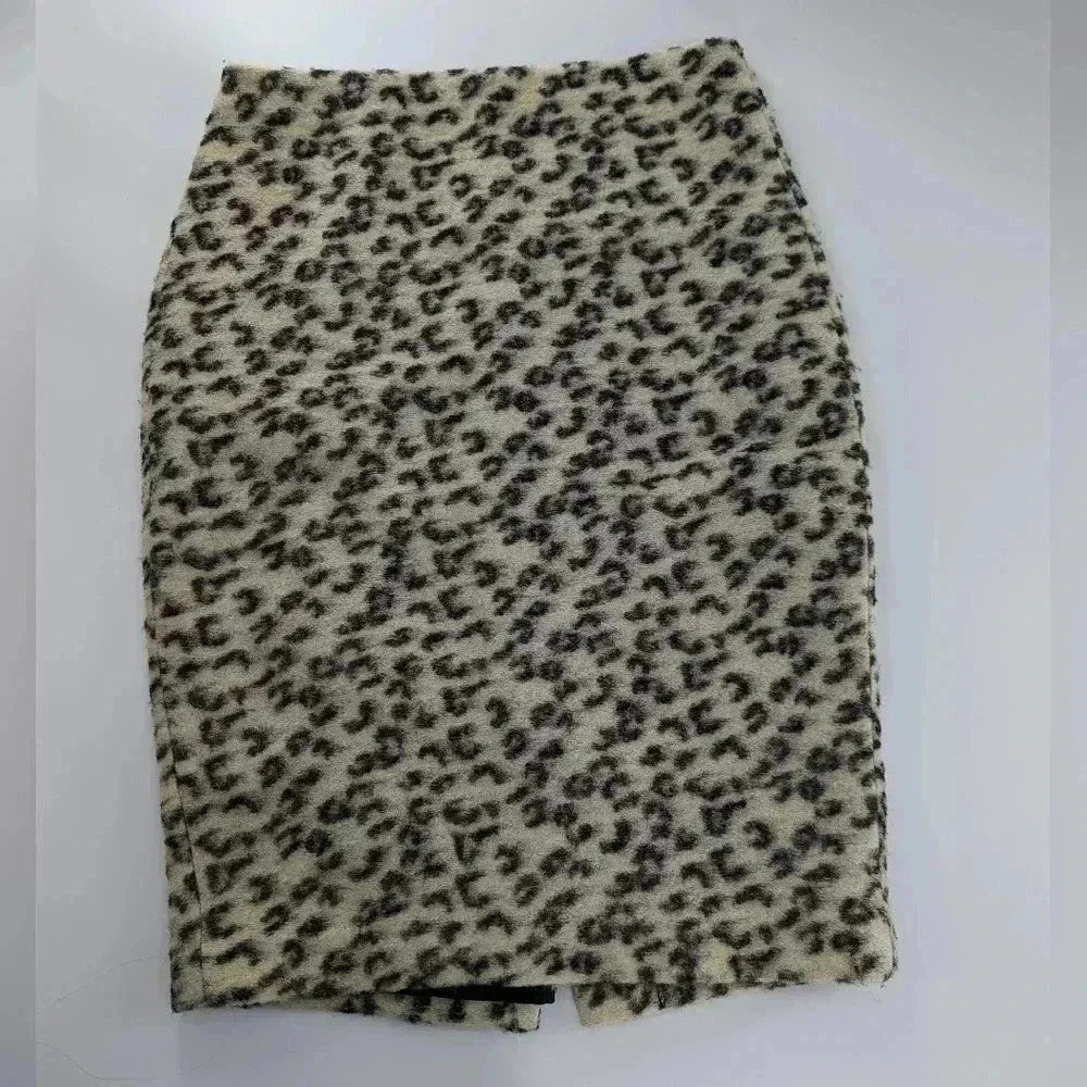 ANN TAYLOR black Gray Leopard Print Wool Blend Straight Pencil Skirt 2